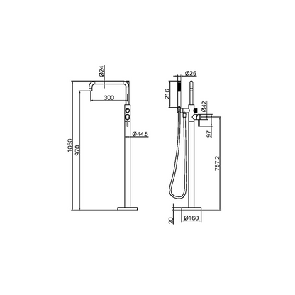 Vrijstaande badmengkraan Capri - Staafhanddouche - Brushed nickel